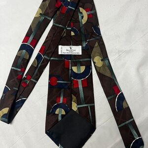 Valentino Pietra Art Deco Geometric Pattern Silk Neck Tie Brown Navy Gold Red XL